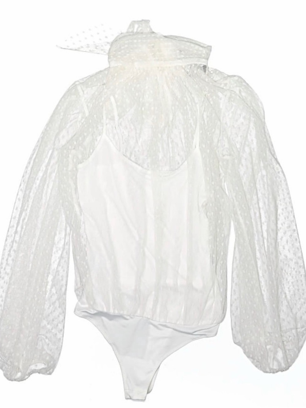 BCBGMAXAZRIA White Sheer Swiss Dot Long-Sleeve Bodysuit Sz. XXS